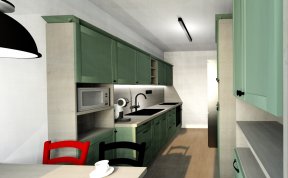 Návrh zelené kuchyňské linky a koupelny do bytu v Praze-Hájích